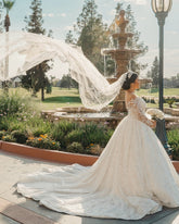 Beautiful White V-Neck Lace Sequined Ball Gown Long Sleeves Cathedral Train Wedding Dresses